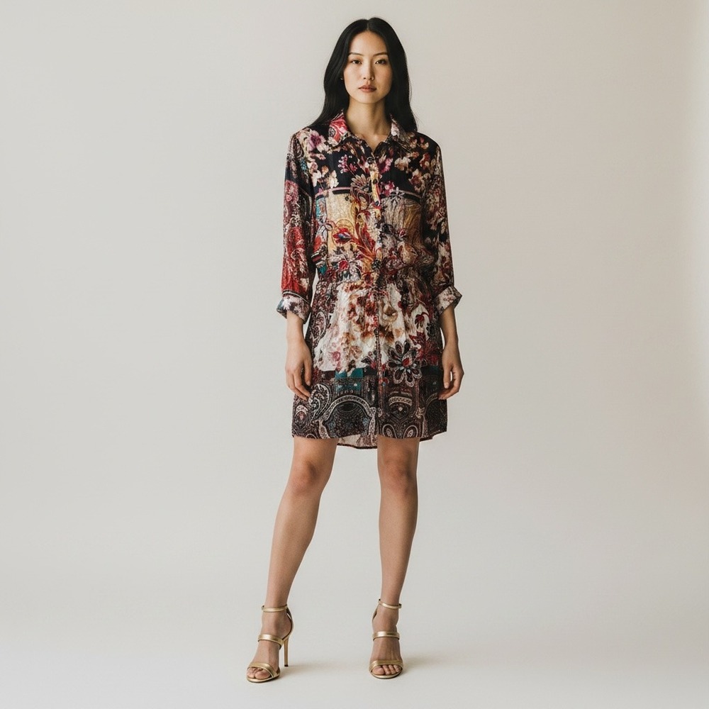 Teri Jon By Rickie Freeman 100% Luxury Silk Maximalist Eclectic Shirt Dress 14
